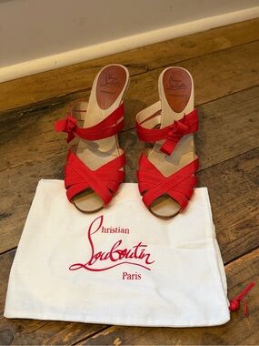 Christian Louboutin Red Cross-Strap Bow Mules